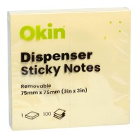 Okin Dispenser Yellow Sticky Notes 75mm x 75mm 100 Sheets